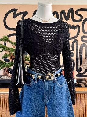 BCBG Max Azria Black Mesh Long Sleeve Top Y2K Carrie Style Size S